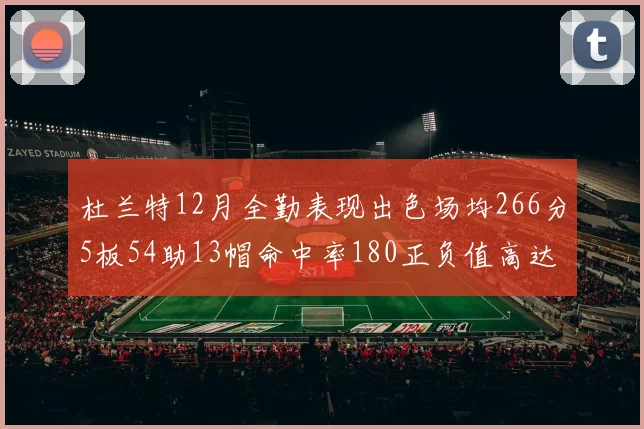 杜兰特12月全勤表现出色场均266分5板54助13帽命中率180正负值高达79